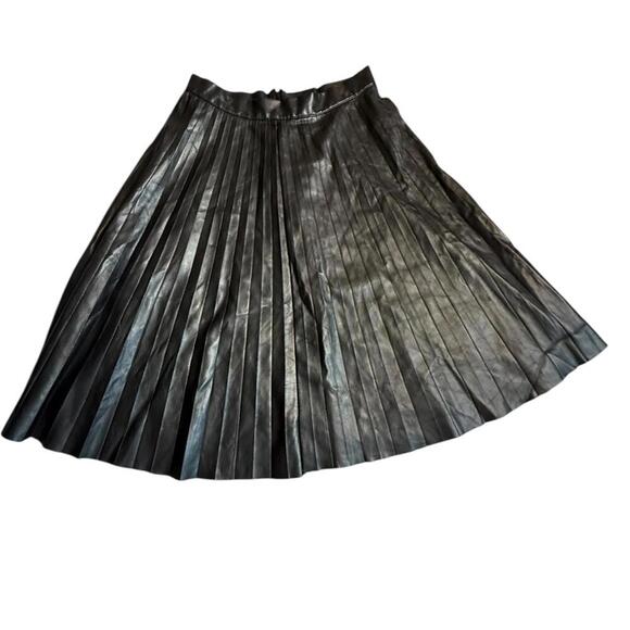 Metallic Pleated Faux Leather Midi Skirt Black Silver Tone XS - Picture 2 of 6
